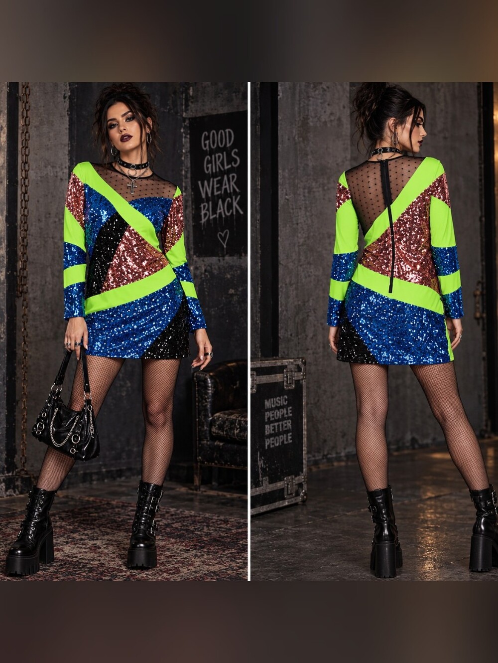 Banjul Vibrant Sequin Long Sleeve Dress Colorblock Disco Grunge 80's Punk Sparks